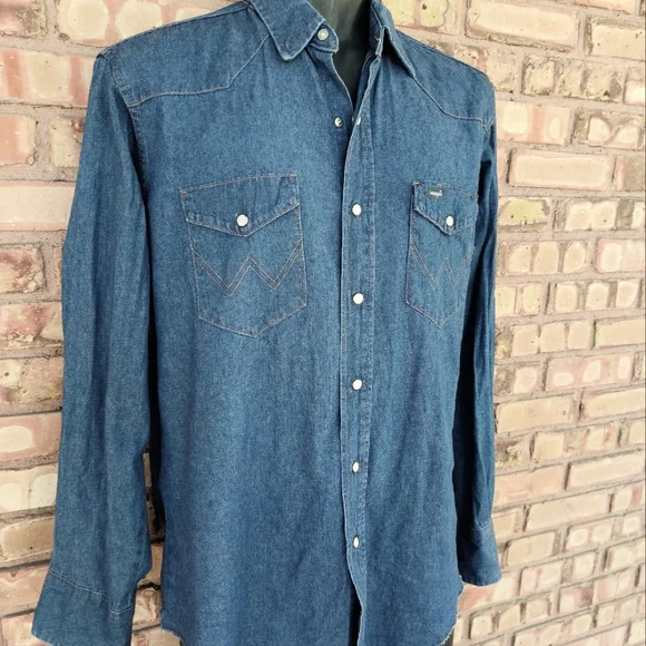 Vintage Wrangler Denim Western Shirt Pearl Snaps Men's 17 L/XL